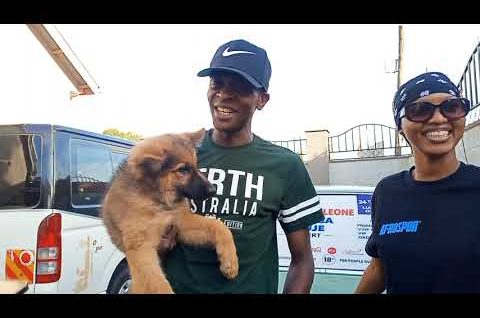Jose Chameleone receives a German Shepherd puppy as a gift from Spice Diana.